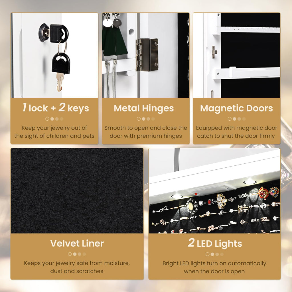 Jewelry Armoire Wall or Door Mounted, Full-Length Mirror with Storage, Lockable Mirror Jewelry Cabinet w/ 2 Drawers