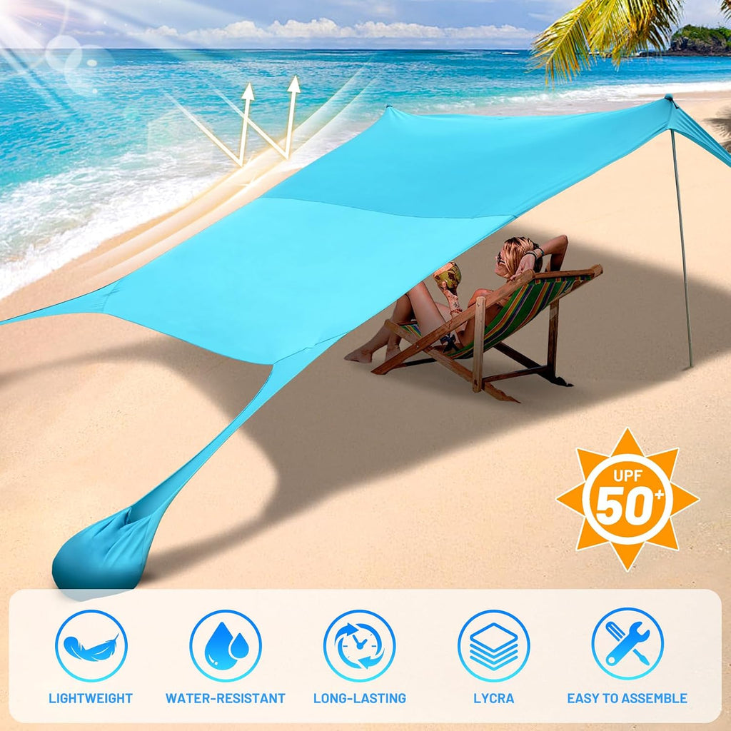 Family Beach Tent Canopy Sun Shade, Pop Up Grande Beach Tent Sun Shelter Stability 4 Poles with Portable Carry Bag