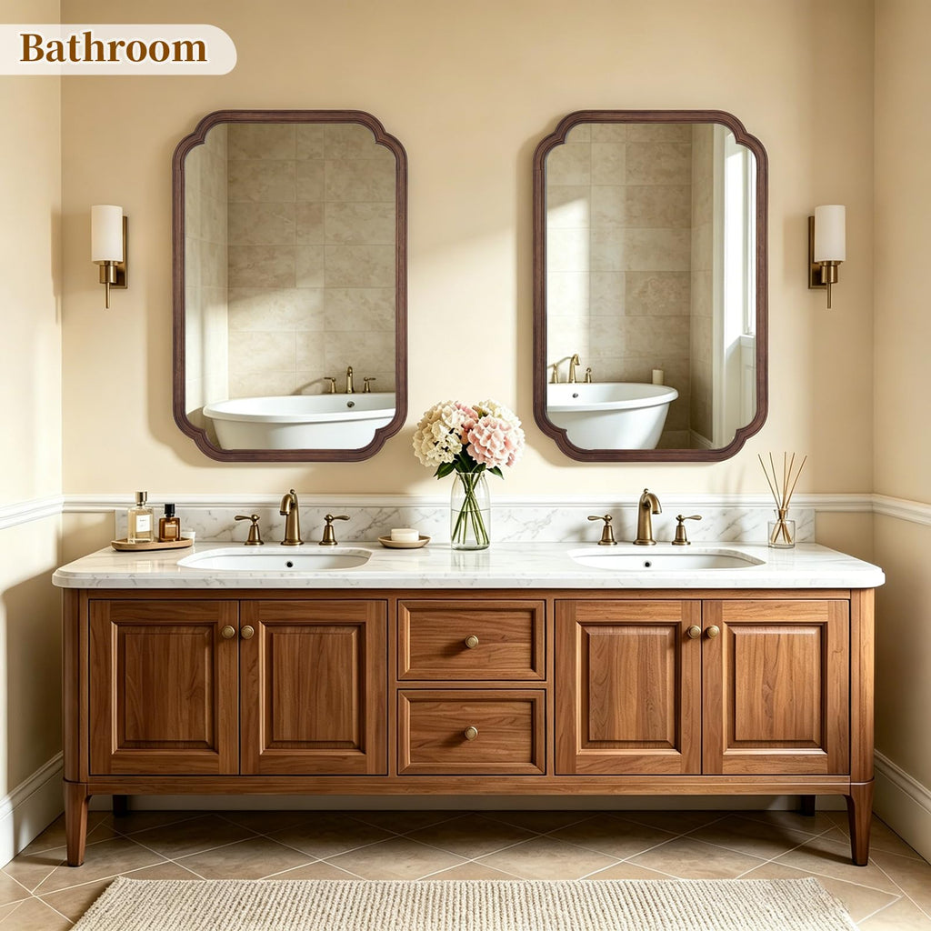 Wood Bathroom Mirror for Wall Decor Arched Rounded Corner Rustic Wood Frame Wall Mirror Home Decorative for Vanity