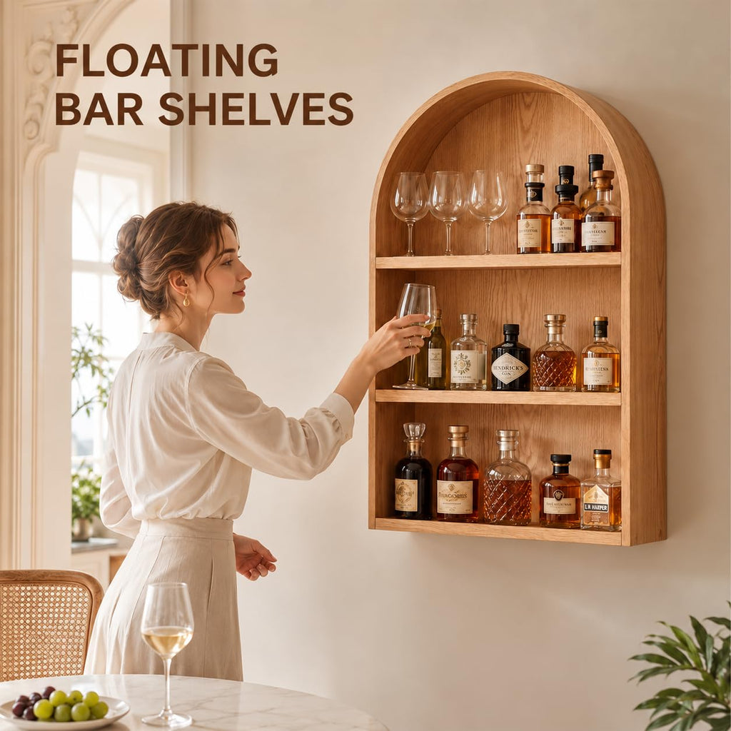 Arched Wall Shelf, Solid Wood Wall Mounted Wine Rack, Floating Bar Shelves