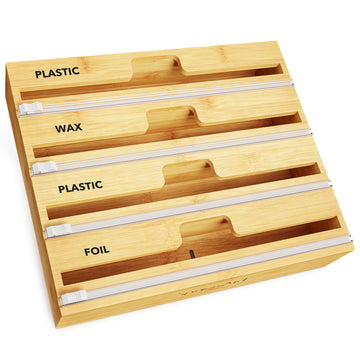 WrapNeat 4 in 1 Wrap Organizer with Cutter and Labels, Plastic Wrap, Aluminum Foil and Wax Bamboo Dispenser Storage