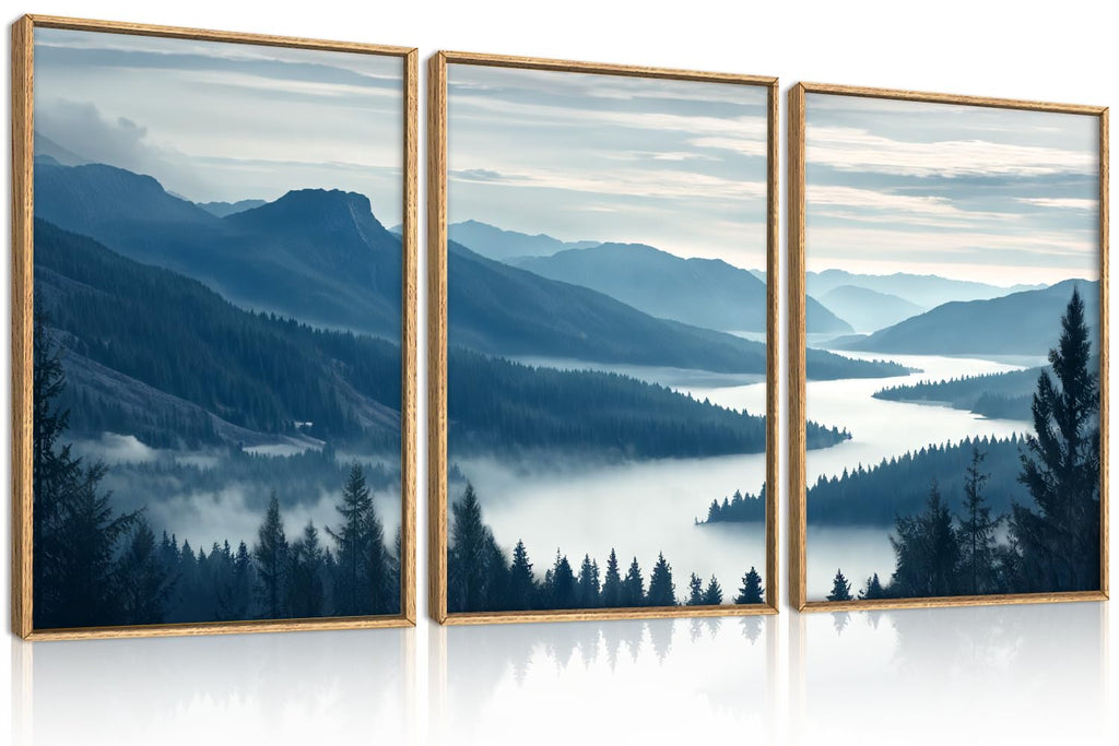 Large Pine Tree Mountain River Framed Canvas Wall Art Set-16"x24"x3