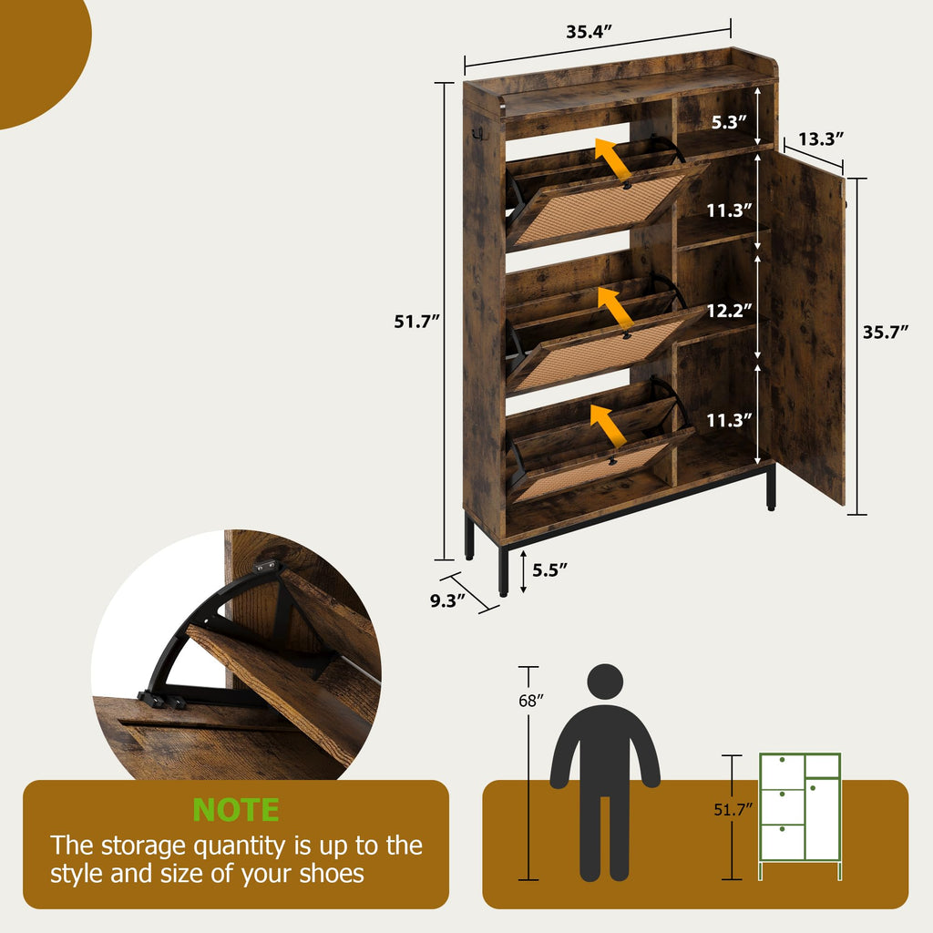 Shoe Cabinet Rattan with 3 Flip Drawers