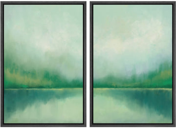Framed Canvas Print Wall Art Set Pastel Watercolor Green Forest Lake Landscape Abstract Shapes Illustrations Modern
