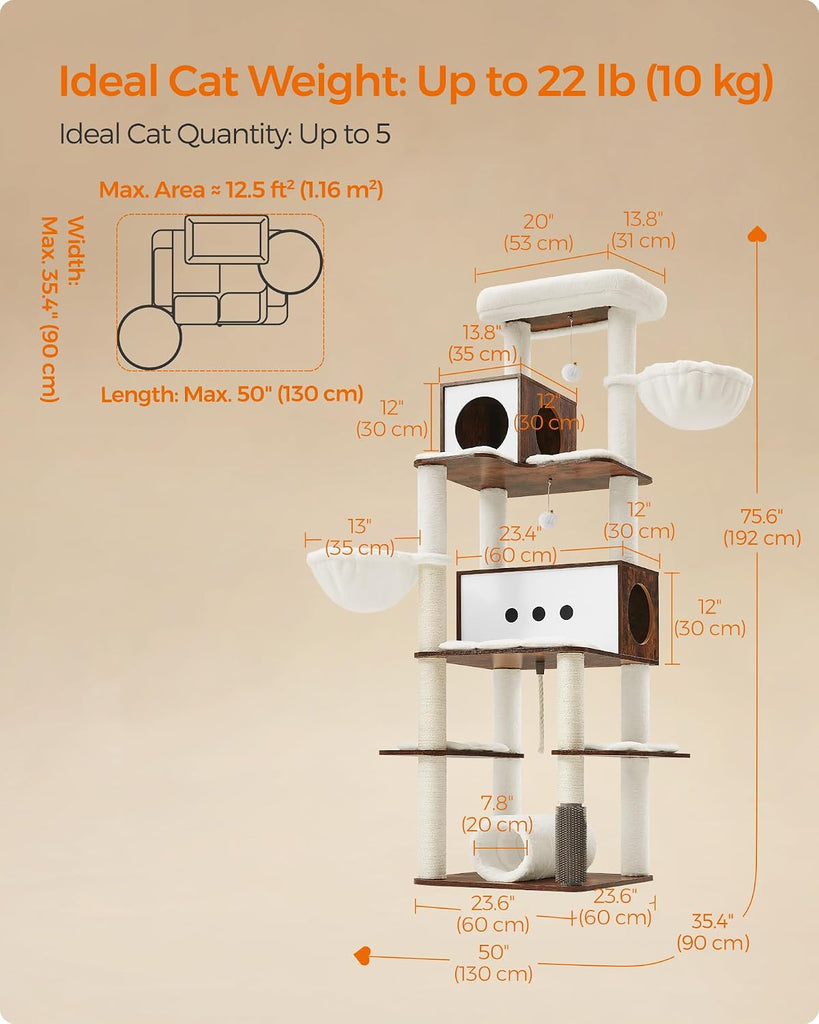 Cat Tree, 75.6-Inch Multi-Level Condo with 2 Caves, 2 Hammocks
