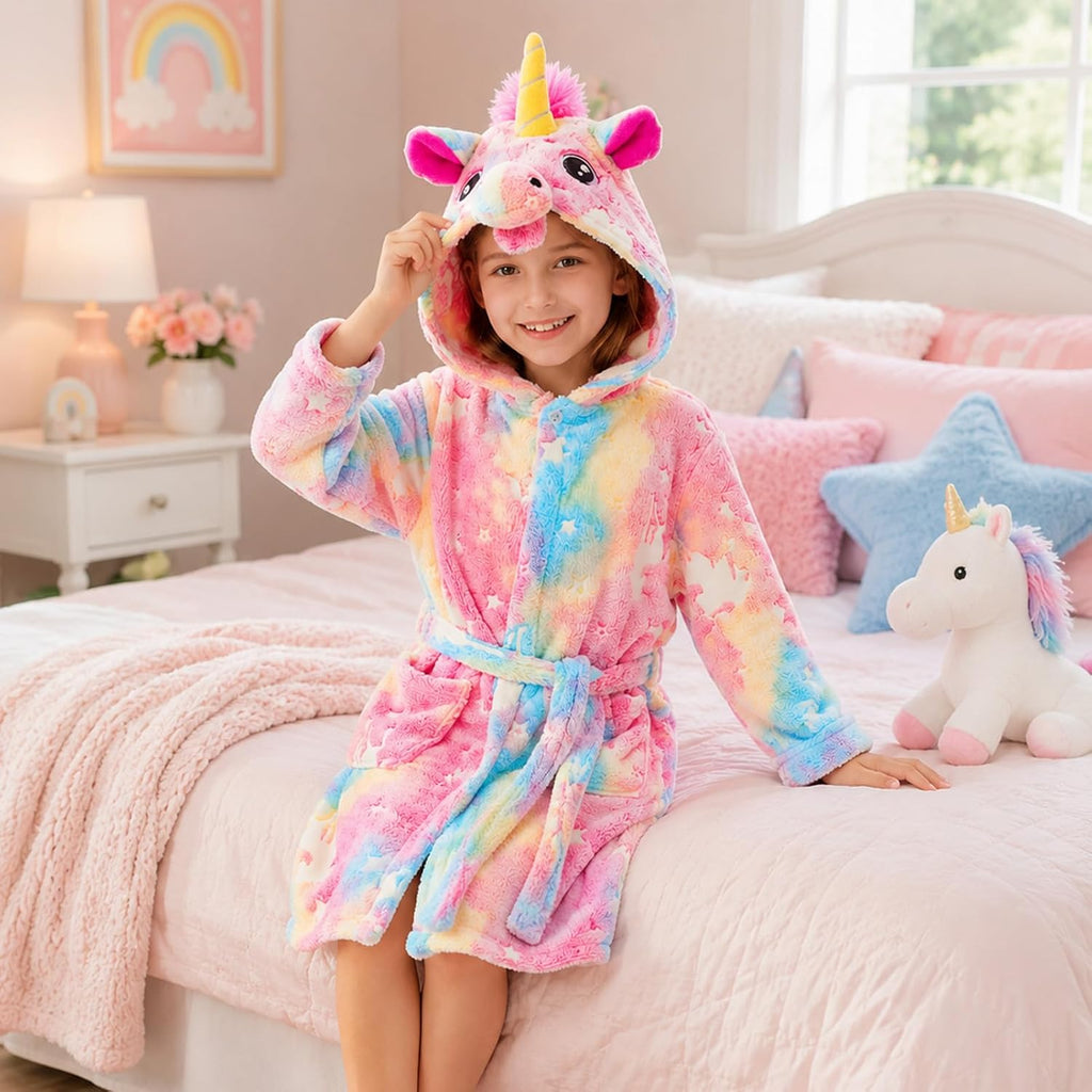 Glow in The Dark Kids Robes for Boys Girls Toddler Warm Fleece Hooded Bathrobe Soft Fuzzy Bath Robes