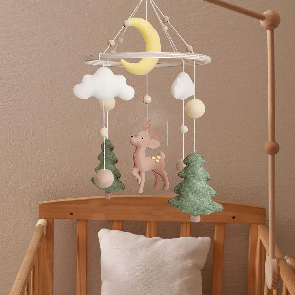 Baby Mobile for Crib - A Gender Neutral Deer Forest Crib Mobile with Felt Clouds and Trees for Jungle Theme Nursery