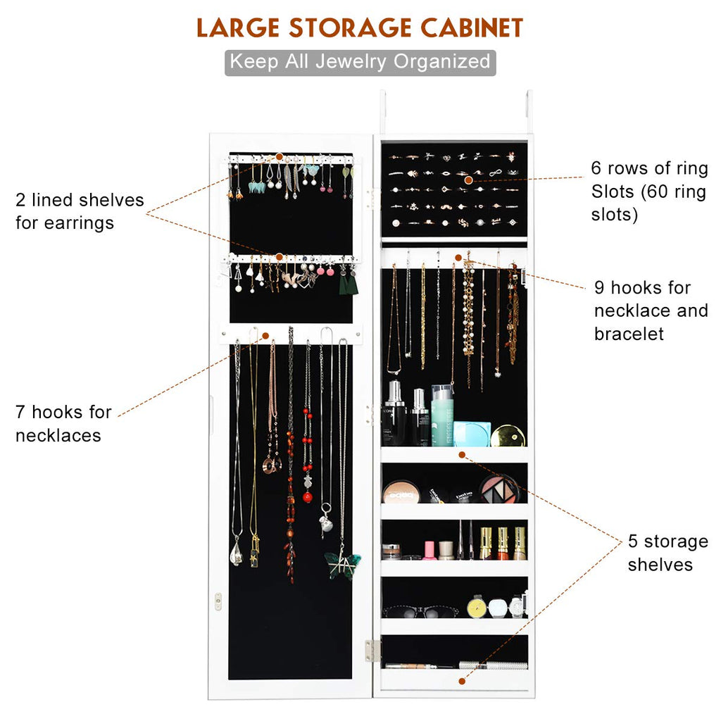 Jewelry Armoire Wall or Door Mounted, Full Length Mirror, White