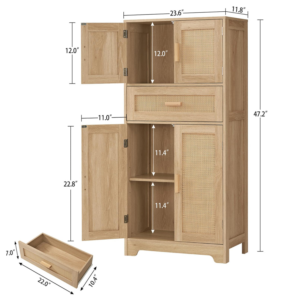 47.2" H Tall Storage Cabinet with Adjustable Shelf, Rattan Cabinet, Cupboard, Natural