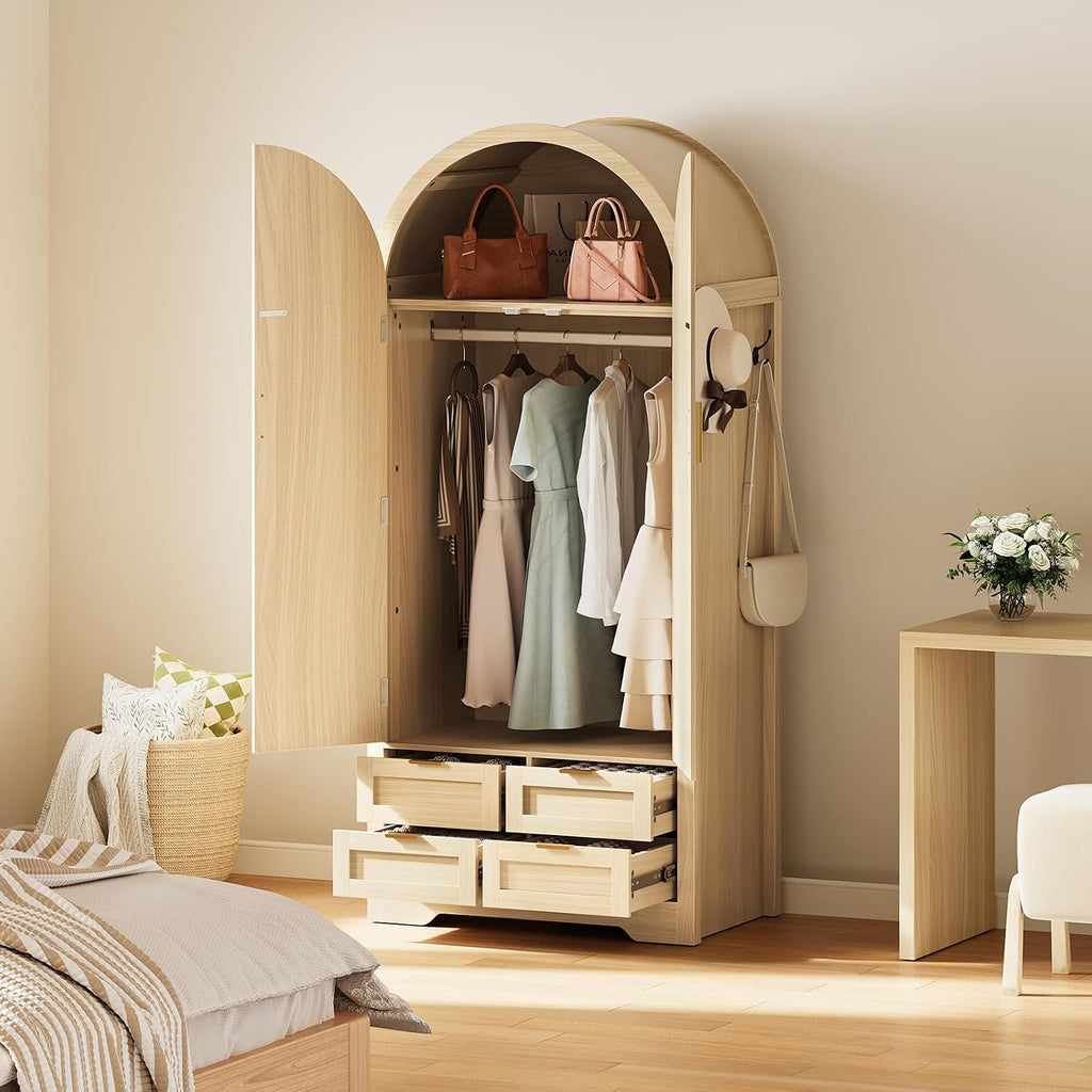 Armoire Wardrobe Closet with 4 Drawers - Wood Bedroom Armoires and Wardrobes with Rattan Doors for Hanging Clothes