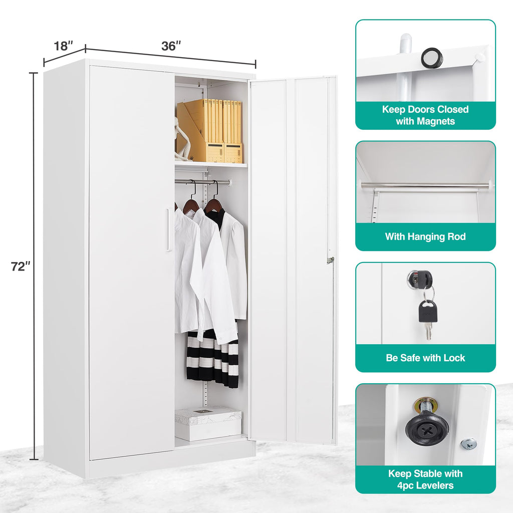 White Wardrobe Cabinet with Lock and Hanging Rod, 72" Armoire Closet with Shelf, Lockable Storage Locker, Metal Storage