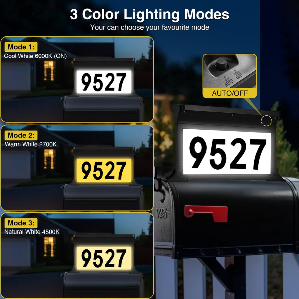 Solar Address Sign, 3 Colors-in-1 Mailbox Number Plaque Light for Outdoor, Double-sided LED Lighted Waterproof