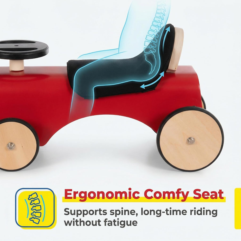 Retro Wooden Ride-On Tractor - 95% Pre-Assembled Toddler Balance Bike with Quiet Rubber Wheels & Limited Steering
