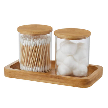 Glass Qtip Holder with Vanity Tray, Apothecary Jars Bathroom Accessories Bathroom Canisters Organizer Countertop Q