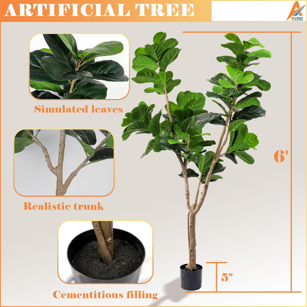 6 FT Artificial Fiddle Fig Tree, Indoor Simulation Plants, Large Tall Tree, Indoor Decorative Plants and Potted Trees