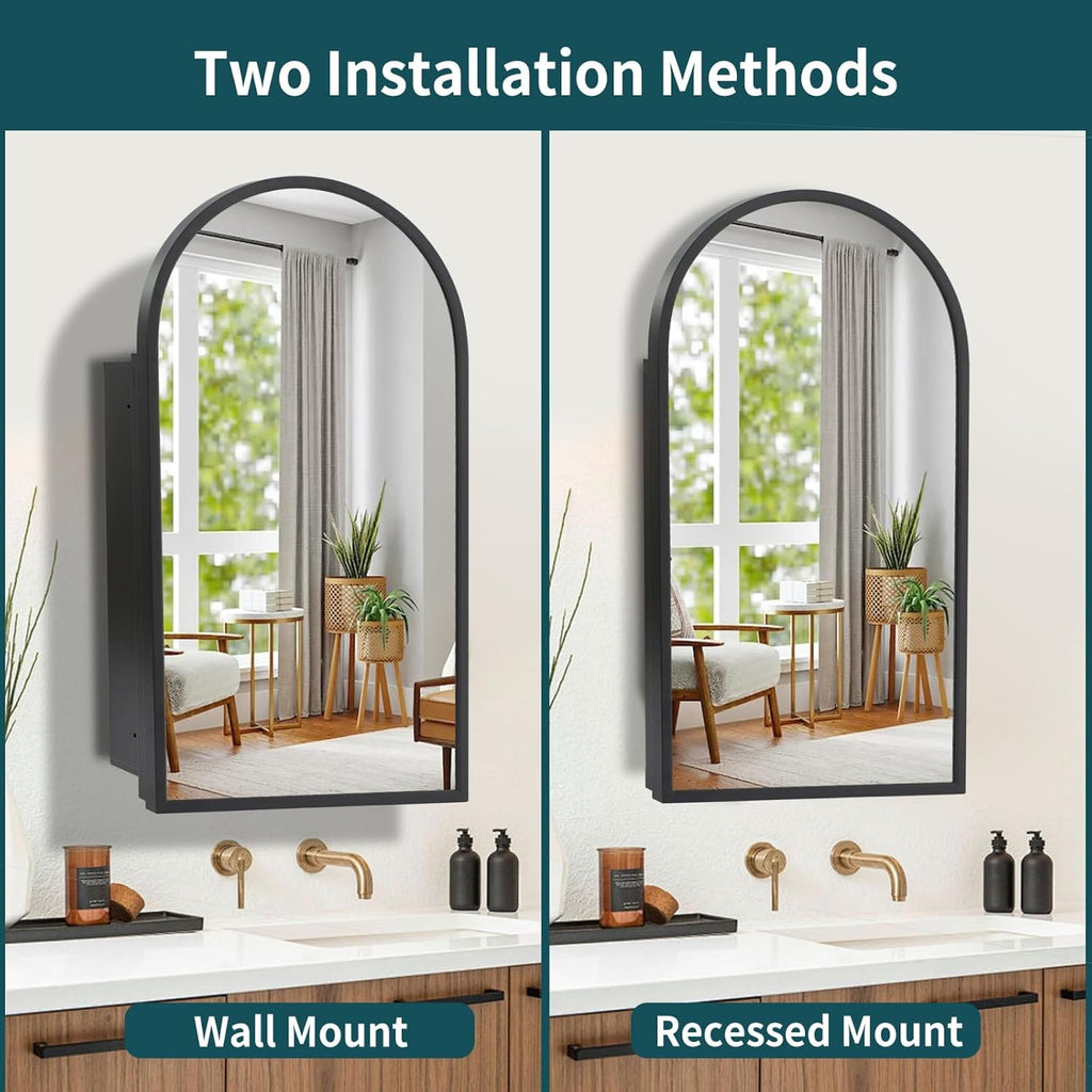 Arched Black Medicine Cabinet with Mirror 16 x30 Inch | Metal Framed Bathroom Mirror Medicine Cabinet Wall