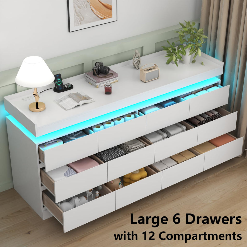 Extra Large 6 Drawer Dresser with 12 Compartment, Dresser with Power Outlet