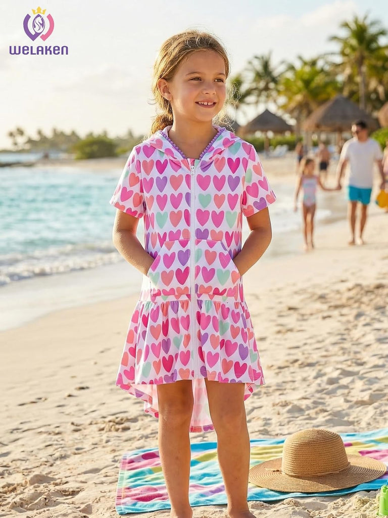 Girls Hooded Terry Swim Cover-Up Dress Full Zip Cute High-Low Hem Beach Dress with Pockets for Toddlers & Kids