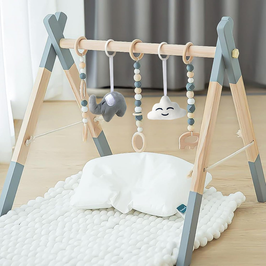 Wooden Baby Play Gym Foldable Gym Frame Activity Gym with 5 Hanging Toys