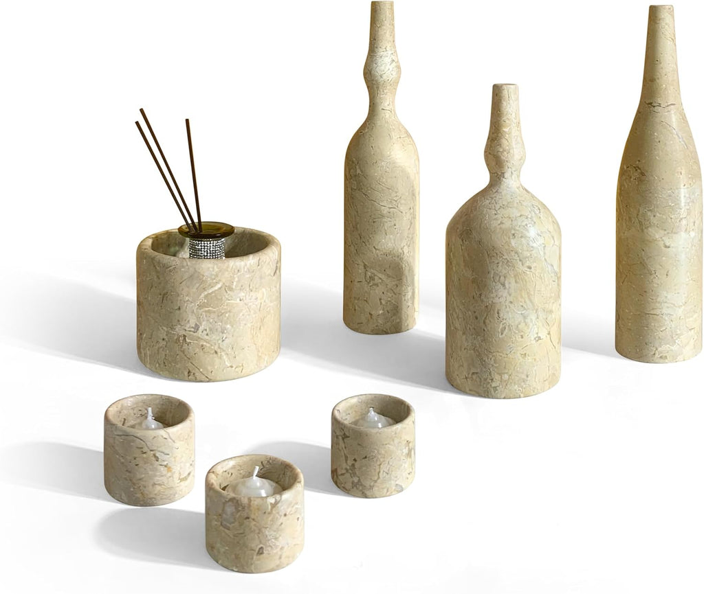 Natural Marble Home Decor Set: Luxury 7-Piece Vase & Candle Holder Collection - Golden Beige Stone Accessories &