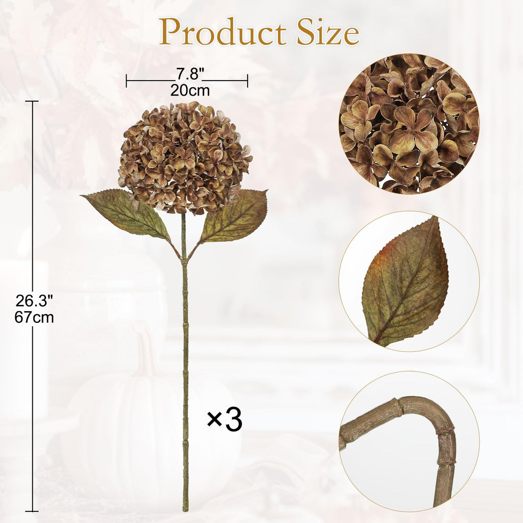 3PCS Fall Brown Large Silk Hydrangeas Artificial Flowers with Stem
