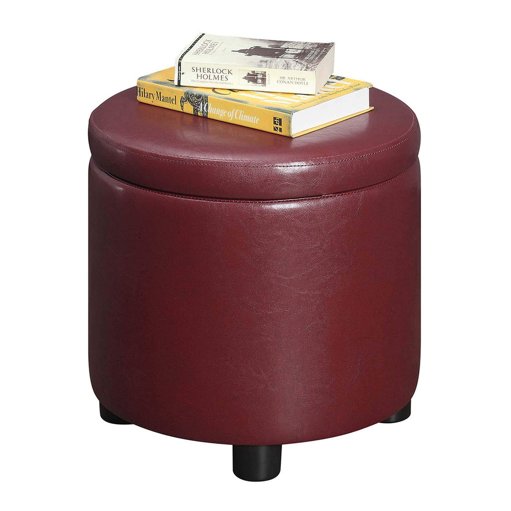 Designs4Comfort Round Accent Storage Ottoman in Burgundy Red Faux Leather Finish