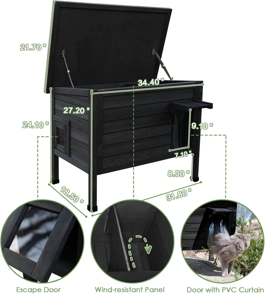 Outdoor Insulated Cat House, Weatherproof Wooden Cat Shelter for Feral Cats