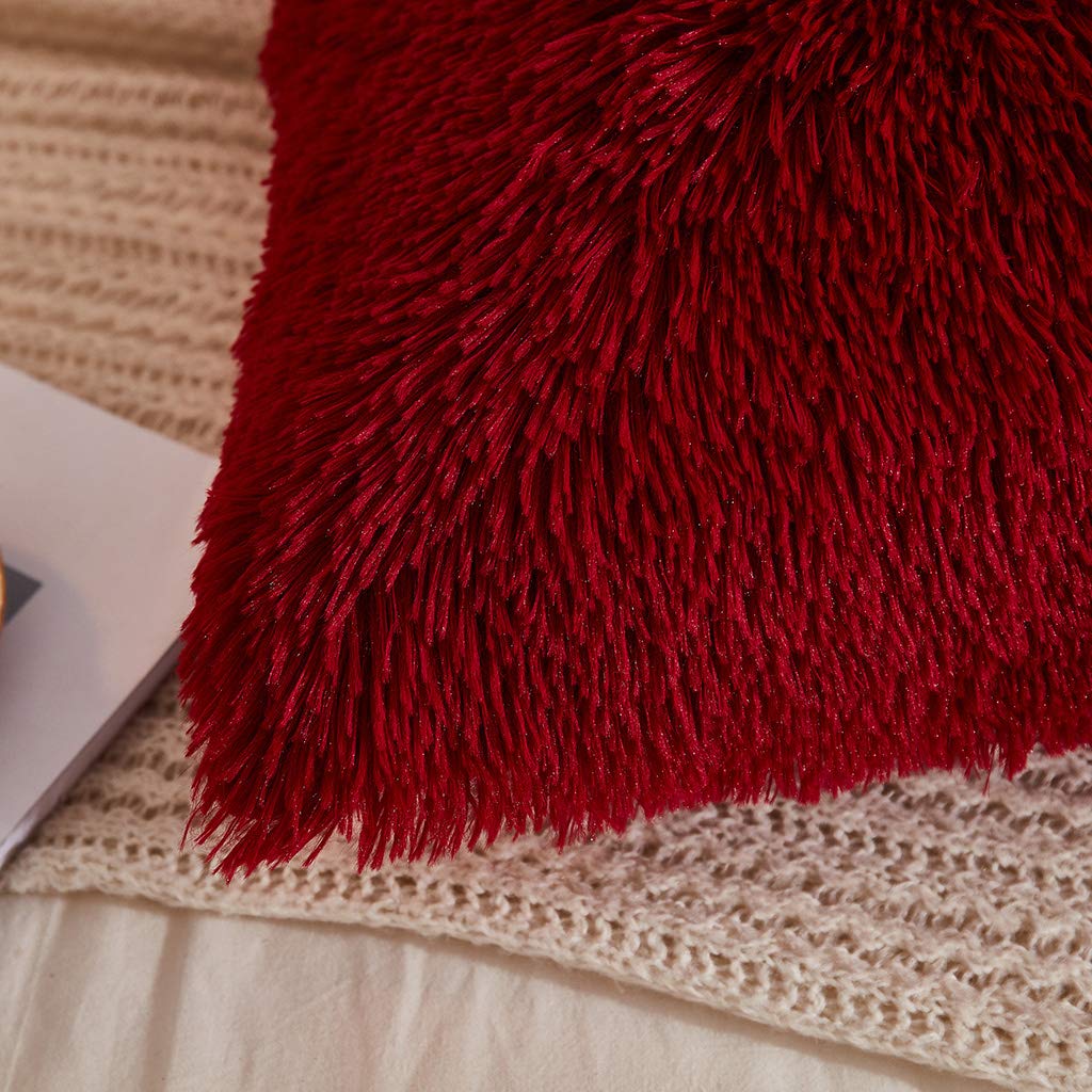 Fluffy Faux Fur Throw Pillow Covers Pack of 2, Burgundy