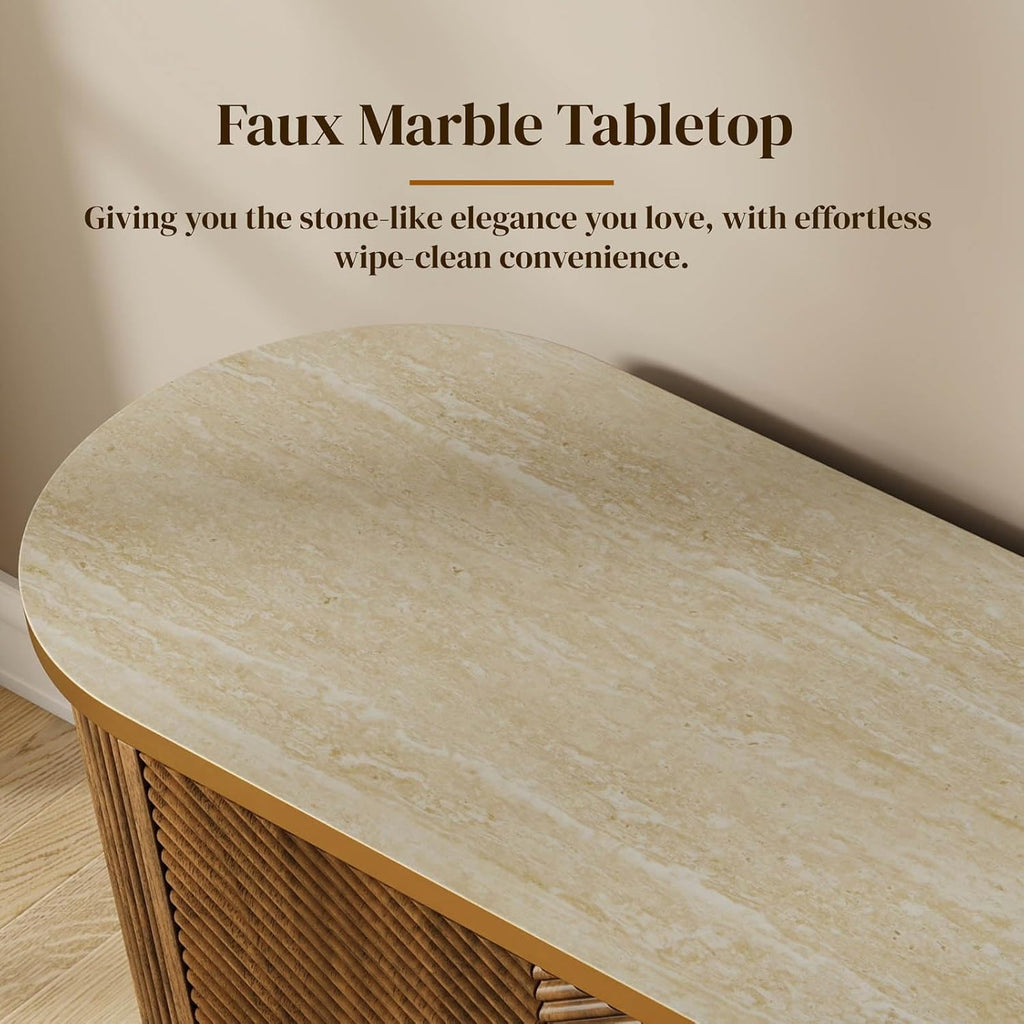 Sideboard Buffet Cabinet with Storage,Mid Century Modern Credenza,Walnut | Faux Marble Top,Diagonal Fluted