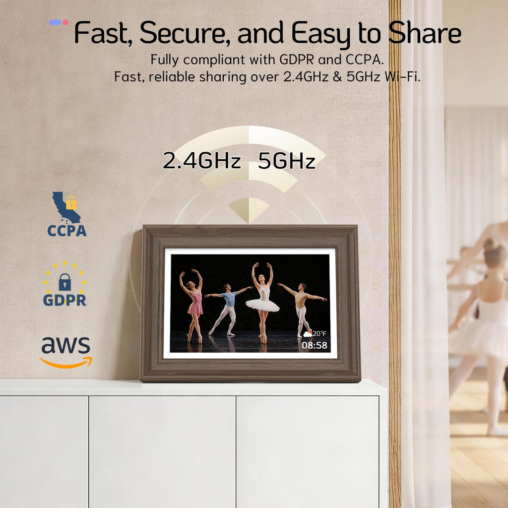 10.1" Digital Picture Frame, Dual-Band Wi‐Fi, 64GB, Walnut