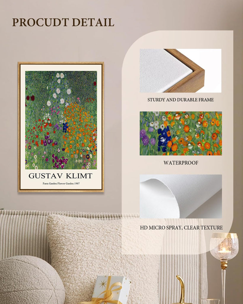 Gustav Klimt Framed Wall Art Flower Garden Art Prints Retro Flower Pictures Artwork Office Classroom Wall Decor