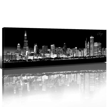 Black and White Chicago Skyline Wall USA City Wall Decor Night Downtown Scene Canvas Prints Modern Cityscape Painting