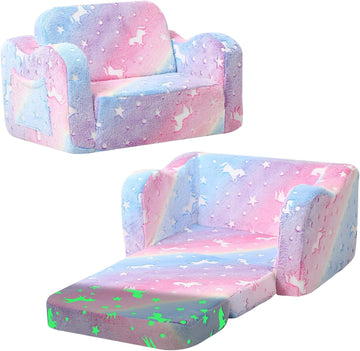 Kids Couch, Glow Dark Rainbow Unicorn Fold Out Plush Sofa, Girls