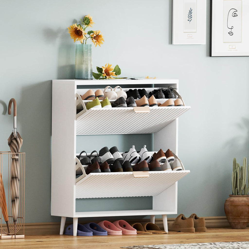 Shoe Cabinet Storage, Modern Freestanding Organizer with 2 Flip Drawers, Narrow Shoe Rack Cabinet, White
