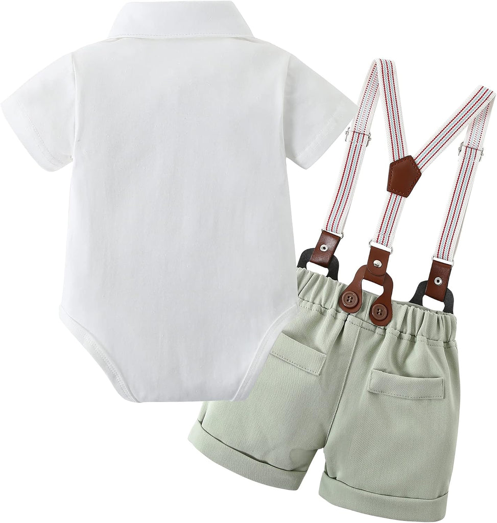 Baby Boy Clothes Suit Gentleman Outfits, Short Sleeve Dress Romper+Bowtie+Detachable Suspender Shorts Set