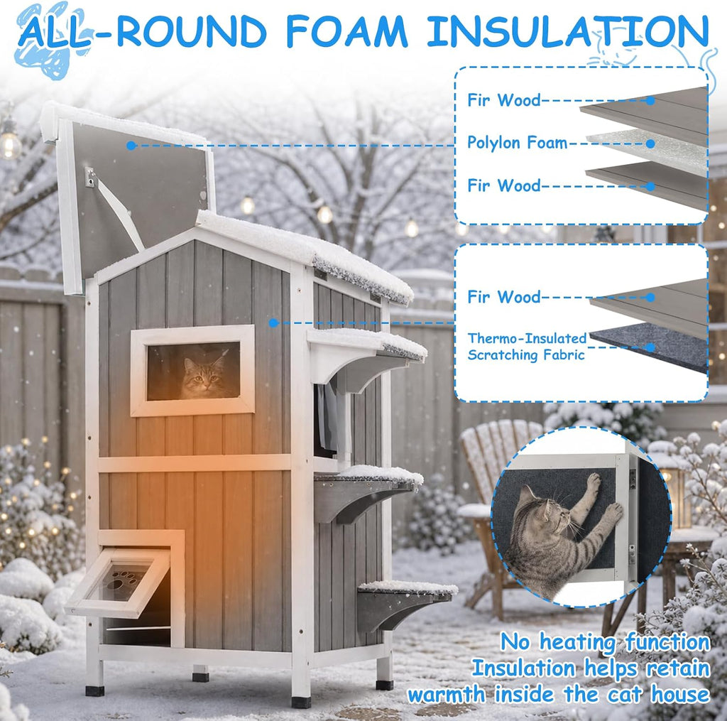 Insulated 2-Story Outdoor Cat House Weatherproof Shelter, Grey