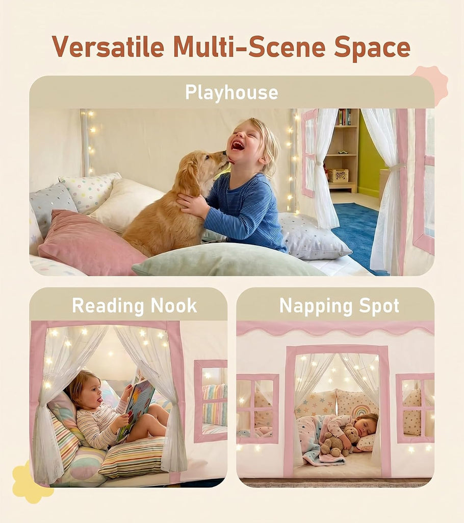 Large Kids Tent with Mat, Star Lights, Tissue Garland, Play Tents for Indoor & Outdoor Use, Kids Play Tent for Girl &