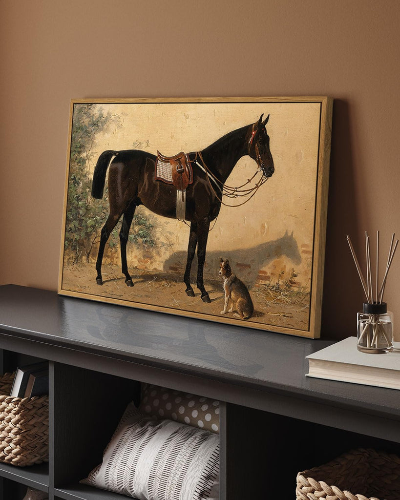 Framed Canvas Horse Wall Art, Classical Horse and Dog Art Print Decor, Large Rustic Farmhouse Country Wall Decor