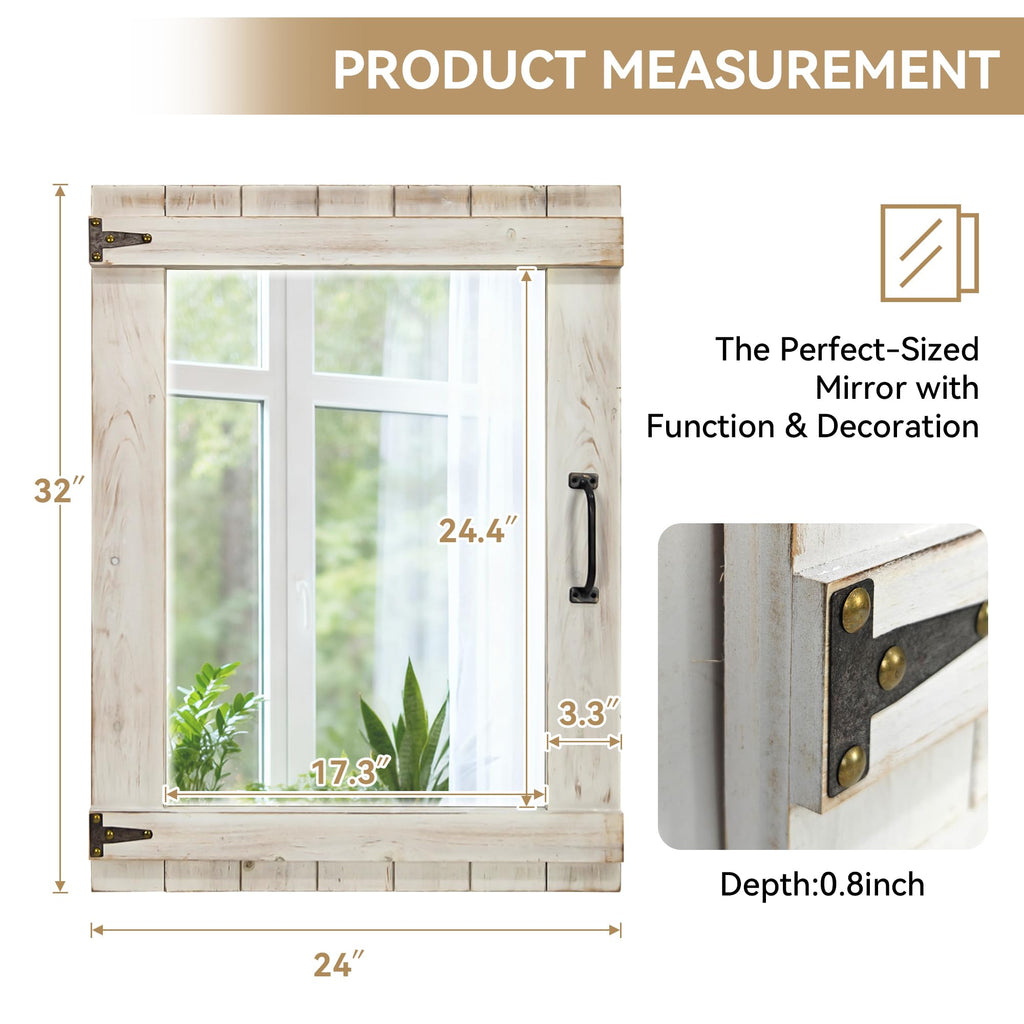 Farmhouse Mirror, 24x32 Inch Distressed White Wood Frame with Black Metal Hinges, Rustic Wall Mirror