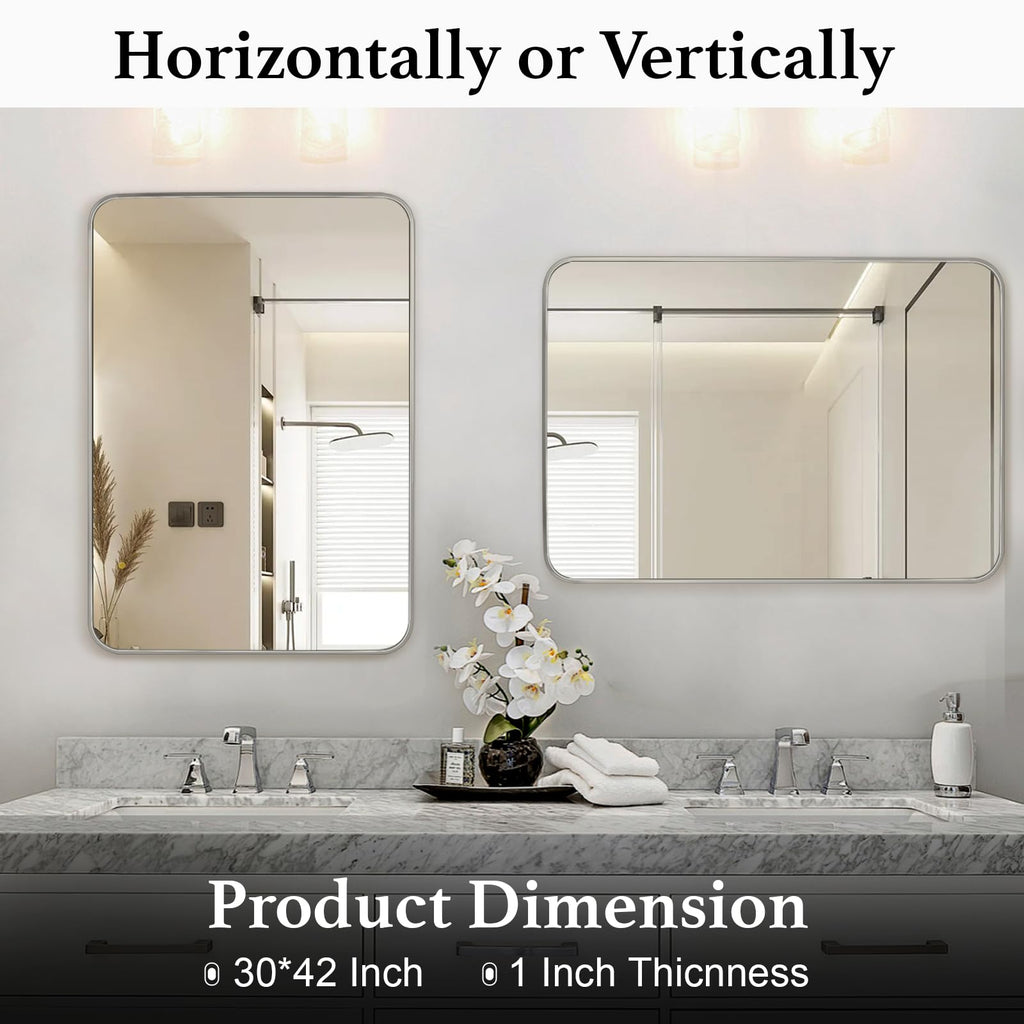 Bathroom Mirror Brushed Nickel, 30 x 42 Inch Metal Frame Rectangle Mirror Rounded Silver Modern Vanity Mirror