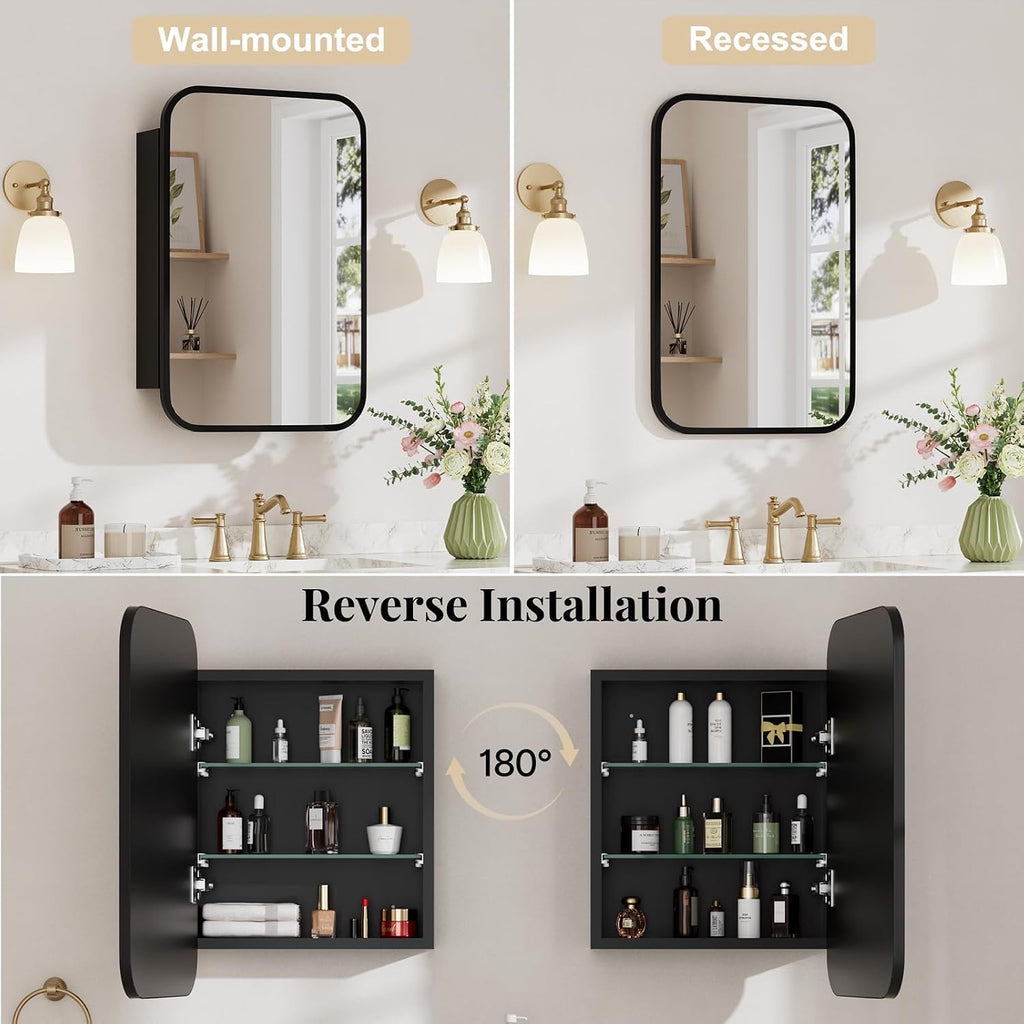 16x24 Inch Medicine Cabinet with Mirror, Rounded Corner, Black | Fully Assembled, Recessed or Surface Mount Metal