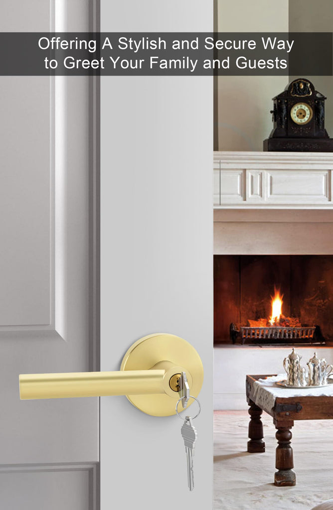 Entry Door Handle with Lock and Key, Zinc Alloy Heavy Duty Gold Exterior Door Handle, Keyed Door Lever with Locks and