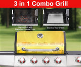 Propane and Charcoal Grill Combo with Griddle, 4-Burner Gas Grill with Cast Iron Grates, Side Burner and Prep Space
