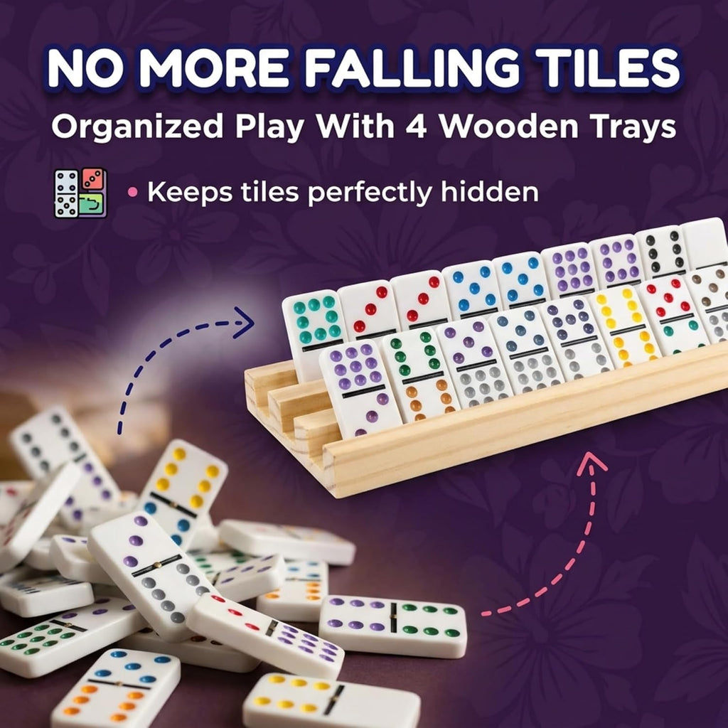 Mexican Train Dominoes Set with 4 Wooden Trays - 91 Double 12 Color Dot Dominoes, Aluminum Storage Case, 9 Train