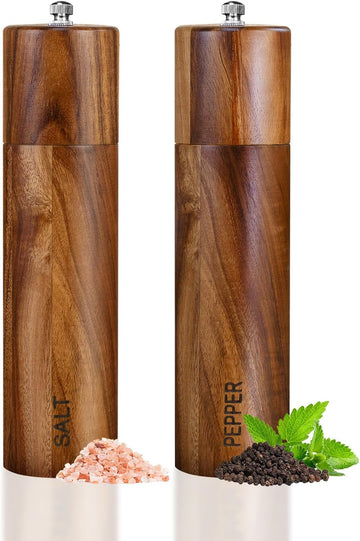 Acacia Wooden Salt and Pepper Grinder Set 8 Inches Refillable - Set of 2
