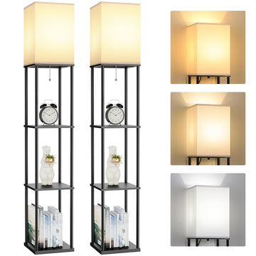2-Pack Floor Lamp with Shelves, 3-Tier Square Bookshelf Standing Lamp