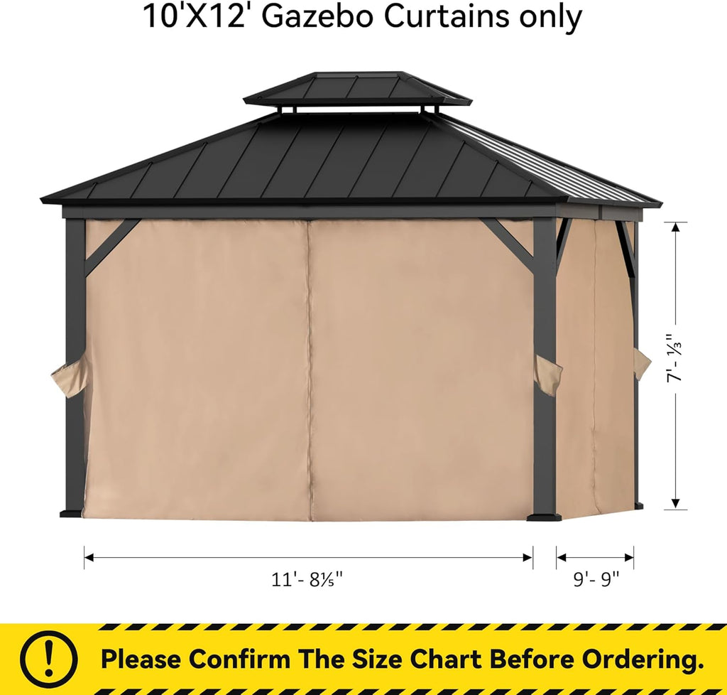 Gazebo Curtain Replacement Universal 4-Panel Sidewalls 10' x 12', Outdoor Gazebo Privacy Curtains with Zipper