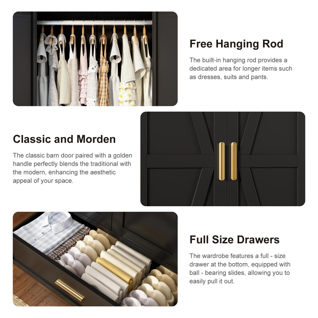 71 Farmhouse Metal Wardrobe Closet with Hanging Rod, 2 Barn Doors, Adjustable Shelves, Steel Armoire with Drawer Black