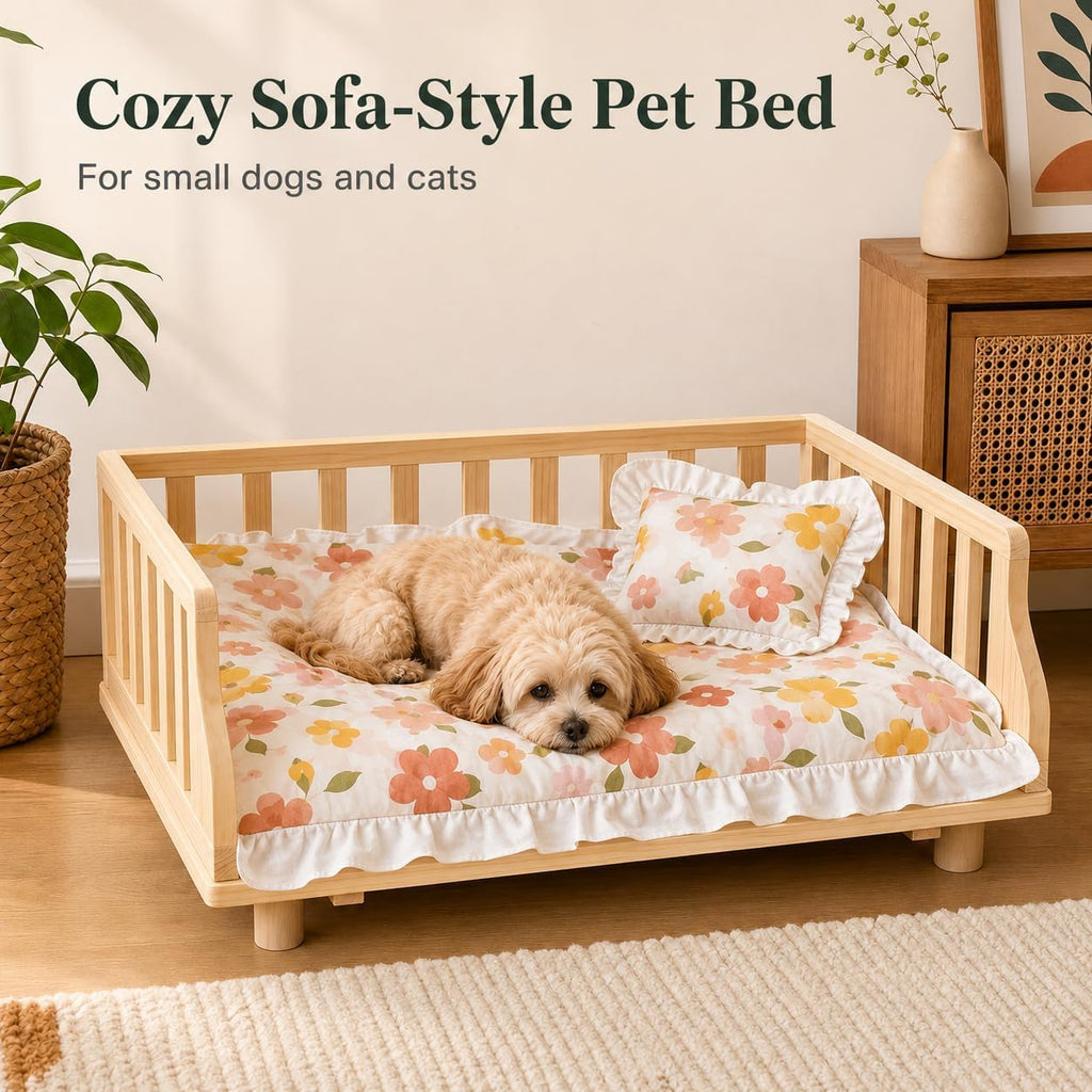 Elevated Wooden Bed for Small Dogs & Cats, 2 Mattress Covers, 30x20 inch