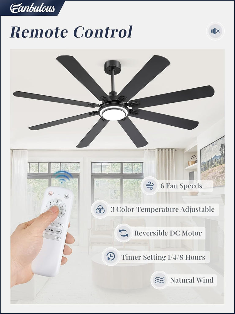 72 Inch Ceiling Fans with Lights and Remote, Black Ceiling Fan with 8 Dual-Color Blades